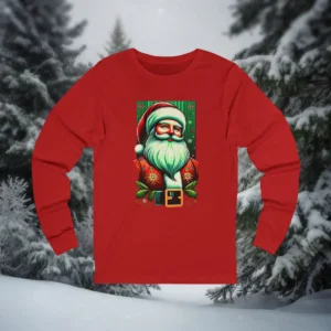 Red long sleeve Christmas shirt featuring a colorful Santa Claus with festive patterns
