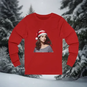 Red long sleeve Christmas shirt featuring a stylish woman wearing a Santa hat