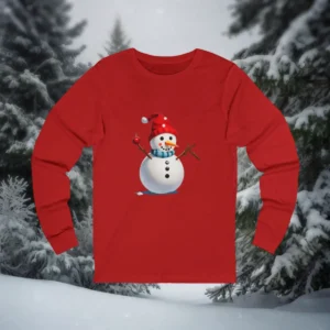 Red Christmas shirt with a cute snowman wearing a Santa hat and scarf