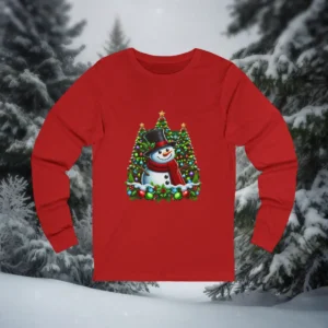 Red Christmas shirt featuring a cheerful snowman and decorated Christmas trees