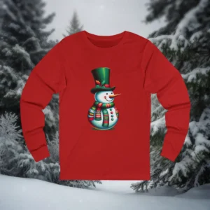 Red Christmas shirt with a snowman wearing a green top hat and colorful scarf