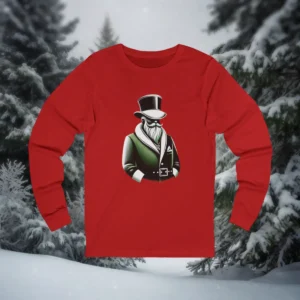 Red Christmas shirt with a Victorian-style Santa Claus in a green coat and top hat
