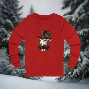 Red Christmas shirt featuring a goat dressed in Victorian attire with a top hat and festive holly