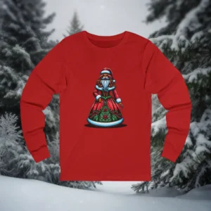 Red Christmas shirt with a Victorian-style Mrs. Claus in a festive gown and Santa hat