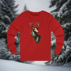 Red Christmas shirt featuring a Victorian-style reindeer with a green scarf