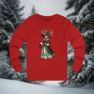 Red Christmas shirt featuring a Victorian-style reindeer lady in a green dress holding a lantern