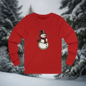 Red Christmas shirt featuring a Victorian-style snowman with a top hat and red scarf