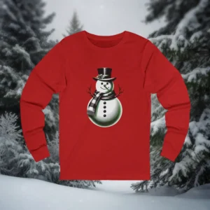Red Christmas shirt with a Victorian-style snowman wearing a top hat and grey scarf