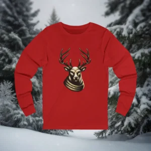Red Christmas shirt featuring a vintage-style deer head with antlers and a scarf
