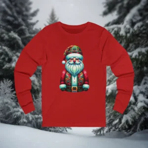 Red Christmas shirt with a colorful vintage Santa Claus in a decorated suit