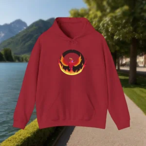 Red hoodie laid flat with powerful phoenix surrounded by flames design