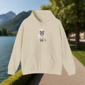 Beige hoodie with French bulldog illustration – front view