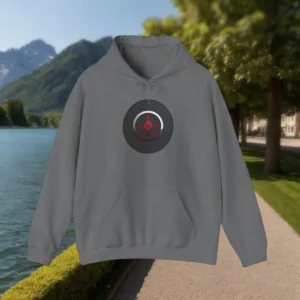 Flat-lay of a grey hoodie with a red and black circular tactical symbol