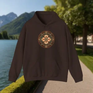 Flat-lay of a brown hoodie with a floral medallion inspired by vintage tapestry