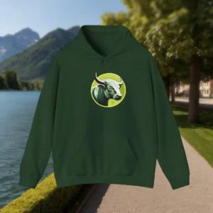 Flat-lay of green hoodie with a horned bull head illustration in a yellow circle