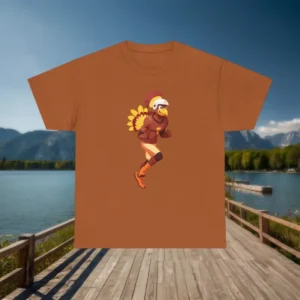 Flat view of a brown t-shirt with a running turkey in athletic gear, Thanksgiving themed.