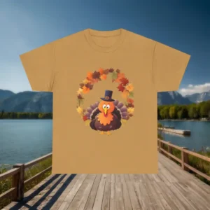 Flat view of light brown Thanksgiving t-shirt with a turkey and autumn leaf wreath design.