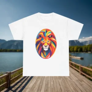 White t-shirt with a colorful lion head graphic