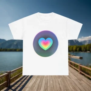 White t-shirt with a glowing rainbow heart design displayed on a wooden dock with a lake and mountain backdrop