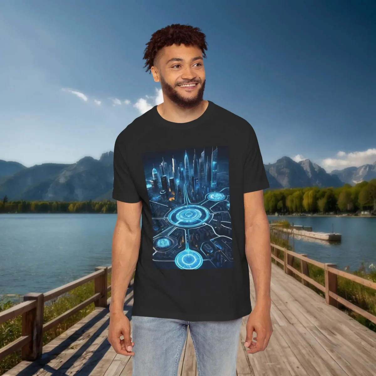 Man wearing a black raglan t-shirt with a glowing blue futuristic city map design, standing on a dock by a lake with a mountainous backdrop.