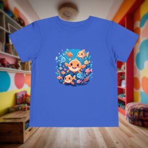 Flat lay of a royal blue toddler t-shirt with an animated underwater fish scene