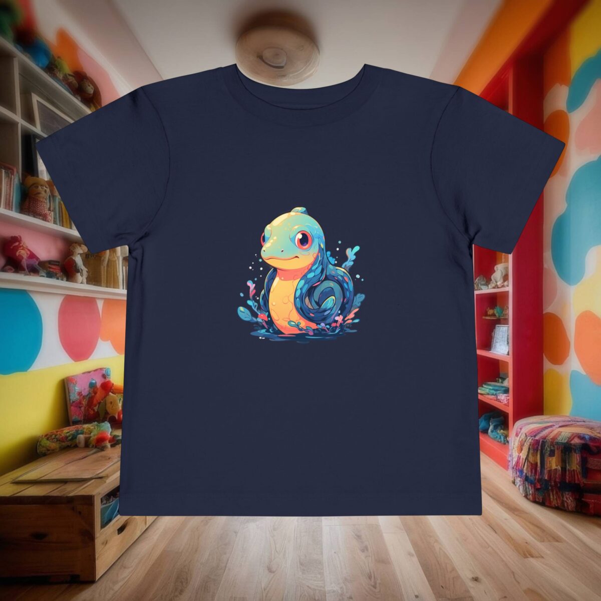 Flat lay of navy toddler t-shirt with smiling eel and splash graphic
