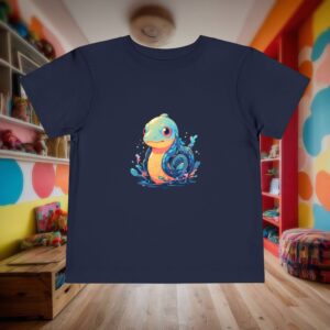 Flat lay of navy toddler t-shirt with smiling eel and splash graphic
